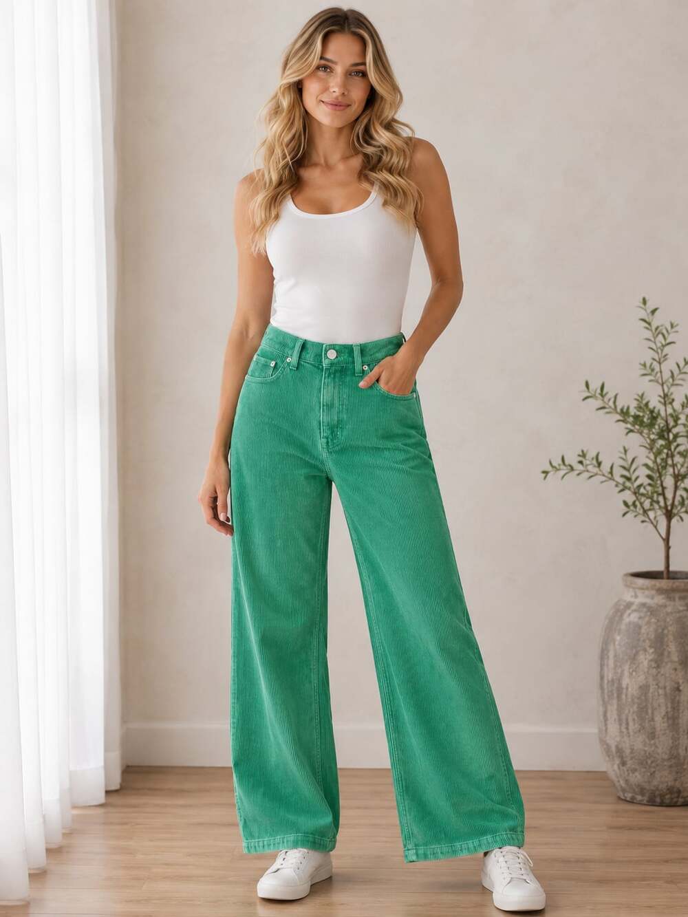 BDG Urban Outfitters High & Wide Corduroy Pants Green Wide Leg Size 26
